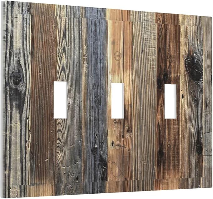 Barn Brown Wood Rustic Weathered Wood Print Decorative Switch Plates 3 Gang Wall Plate Triple Toggle Light Switch Cover Faceplate Electrical Wall Panels for Farmhouse Home Decor