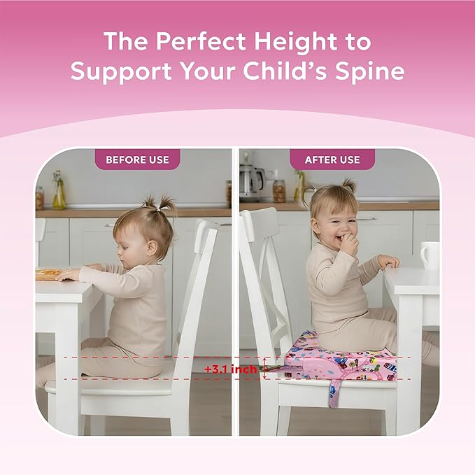 Toddler Booster Seat for Dining Table,Portable Kids Booster Seat - Adjustable, Non-Slip, Lightweight & Easy to Clean (Pink car)