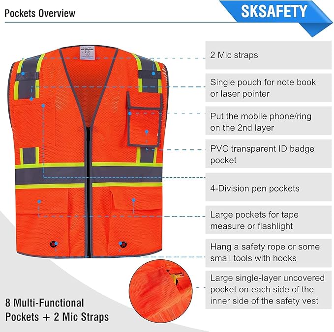 SKSAFETY 10 Pockets Safety Vest, Class 2 High Visibility Security with Zipper Double-sided mesh, Hi Vis Vest with Reflective Strips, ANSI/ISEA Standard, Construction Work Vest （Orange, L）