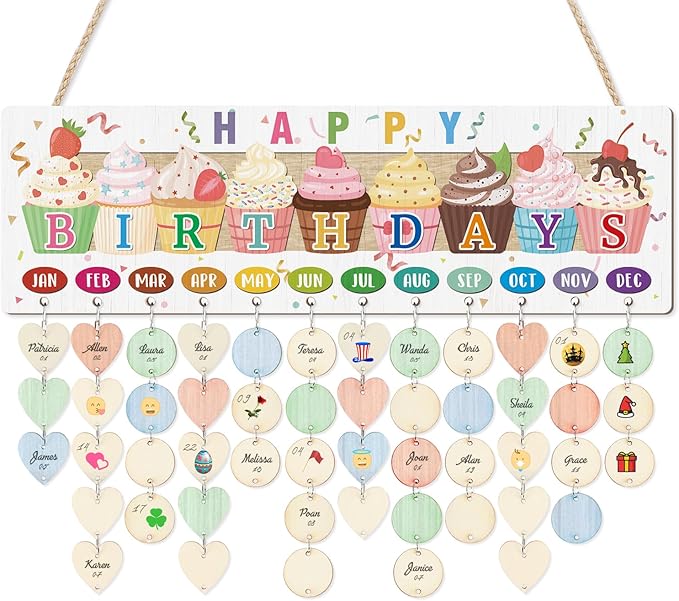 CHDITB 3D Classroom Birthday Chart Wall Hanging(16"x5"), Wooden Family Calendar Reminder for Classroom Students Kids, Cute Cupcake Theme Birthday Board Tracker with 100 Round Heart Tags