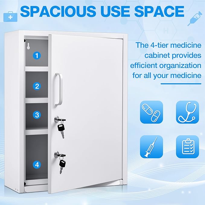 Zonon Locking Medication Cabinet with Document Pocket, Metal Wall Mounted Medication Cabinet with Dual Keys and Lock (White,21 x 16 x 6 Inch,Right Angle)