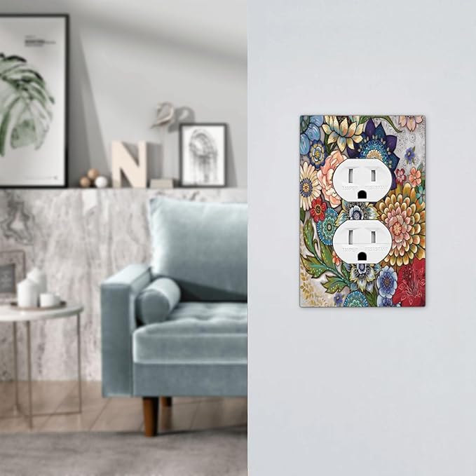 Boho Floral Colorful Floral Multi Color Flower Outlet Covers 1 Gang Duplex Light Switch Cover Decorative Switch Plates Electrical Receptacle Faceplate Wall Plate for Bedroom Living Room Home Decor