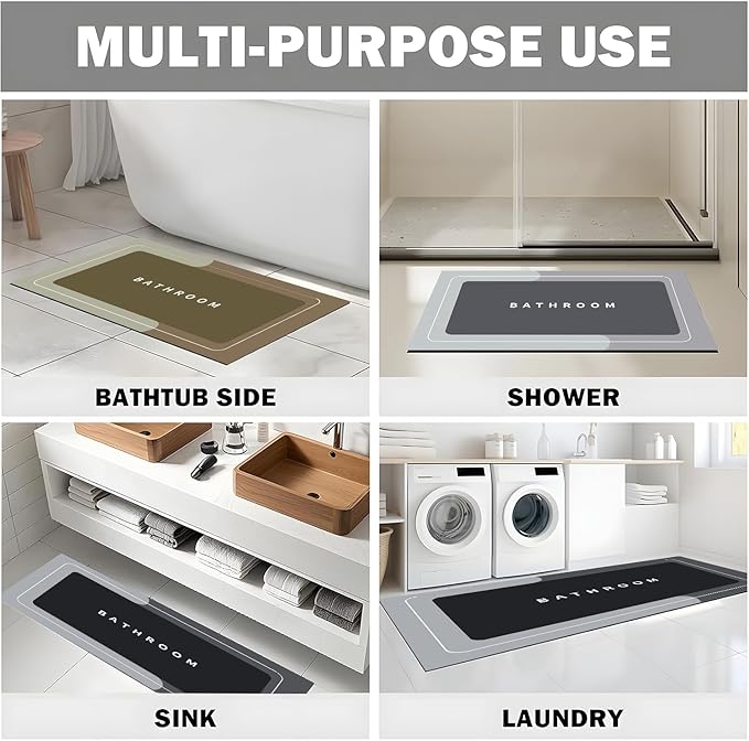 Bath Mat, Quick-Drying Non-Slip Thin Bathroom mat Super Absorbent Bath mats Rug-Bath Mats for Bathroom Floor Bathtub Vanity-Bathmat Bath Rug Easy Care Grey 27.5" x15.7"