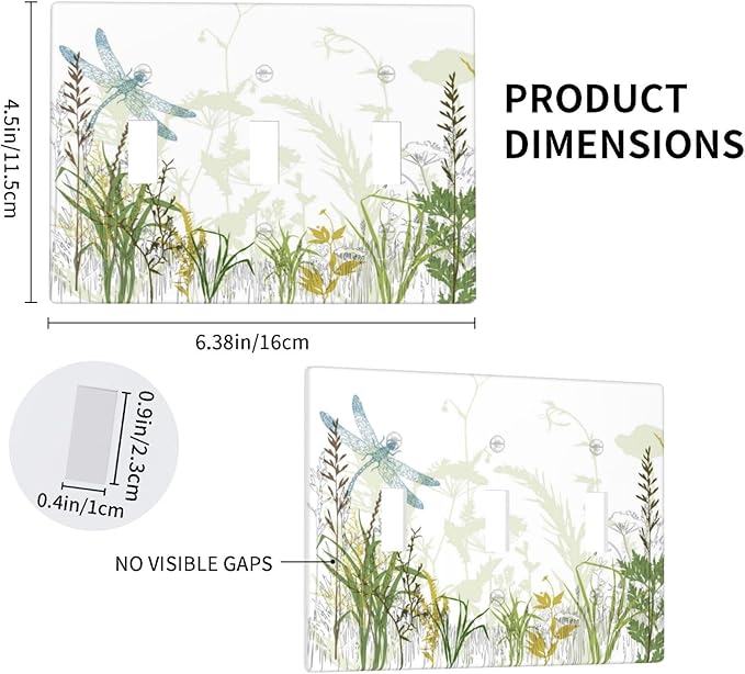 Wild Flower Dragonfly 3 Gang Toggle Light Switch Cover Plates Decorative Electric Outlet Covers Decorator Wall Switch Plate Receptacle Plug Covers 6.38 * 4.5 Inches