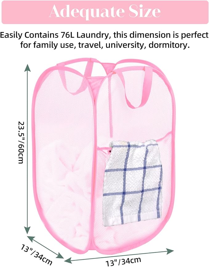 Durable Collapsible Laundry Baskets - Reinforced Mesh Pop Up Laundry Hamper with Pocket, Foldable Dirty Clothes Hamper with Carry Handles for Laundry, Bathroom, Kids Room, Dorm or Travel Pink+Black