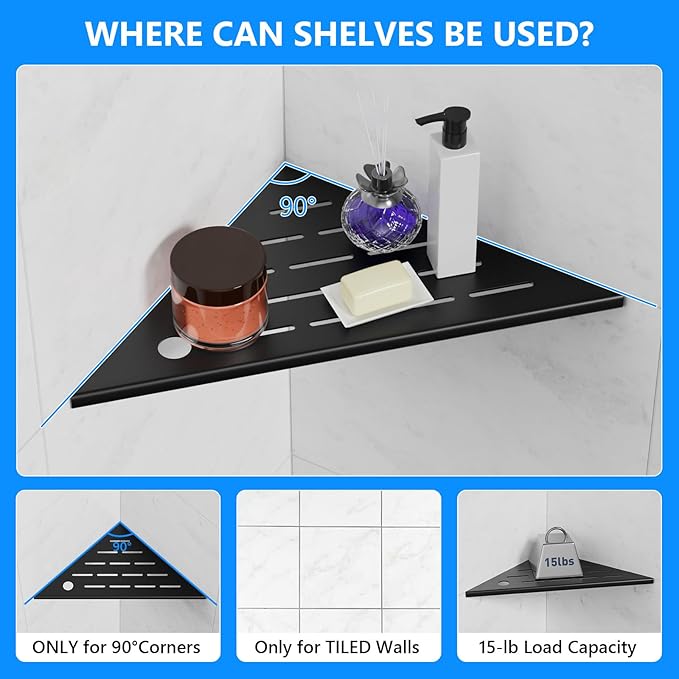 10" Corner Shower Shelves, 2-Pack Matte Black 304 Stainless Steel Shower Shelf with Razor Hole, Rustproof Shower Shelf for Inside Shower, Modern Shelves for Tile Walls, Bathroom Organizer (Black)