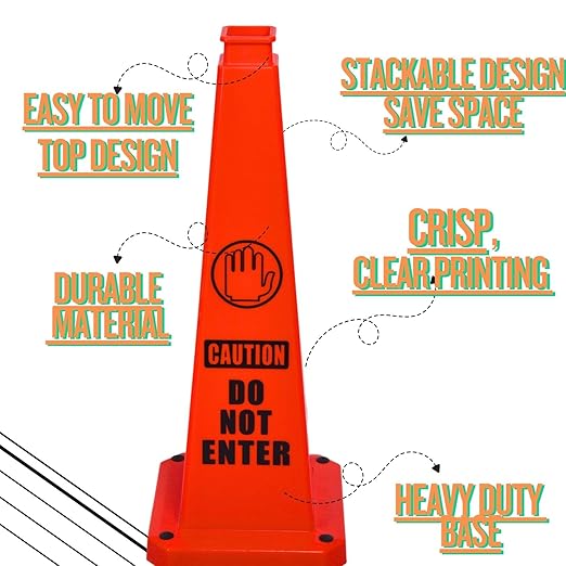 BESEA Caution Cone 5 Pack, 28" Caution Cone with Weighted Base, Red 4-Sided “Cantion Do NOT Enter ” Warning Cone for Creation Area Driveways, Business Parking Lots, Garages, Indoor/Outdoor