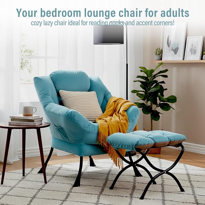 Lazy Chair with Ottoman, Modern Chair with Folding Footrest, Lounge Accent Chair, Comfortable Reading Chair (Velvet Light Blue
