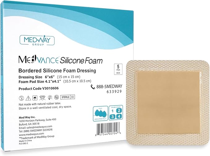 MedVanceTM Silicone - Bordered Silicone Adhesive Foam Dressing Size 6"x6" (4.1"x4.1" pad), Box of 5 dressings