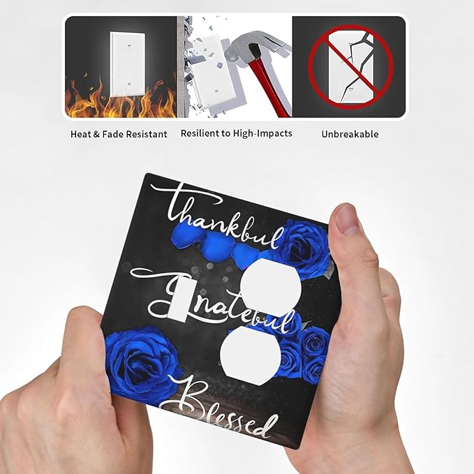 Decorative Light Switch Cover Plate Blue Rose Thankful Grateful Blessed 2 Gang Outlet Covers 1 Toggle 1 Duplex Wall Plate Decorate Electrical Switch Plate Covers for Bedroom Bathroom Decor