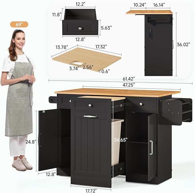 ONBRILL 61" Kitchen Islands with Movable Wood Cutting Board & Trash Storage Cabinets, Rolling Island Cart with Drop Leaf & Power Outlet, Dining Table with Spice & Towel Rack & Knife Holder, Black