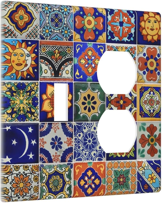 Wallplates Mid Century Talavera Shaped Tiles 1 Toggle 1 Duplex Switch Plate Electrical GFCI Faceplate Decorative Light Switch Covers for Bedroom Bathroom Decor