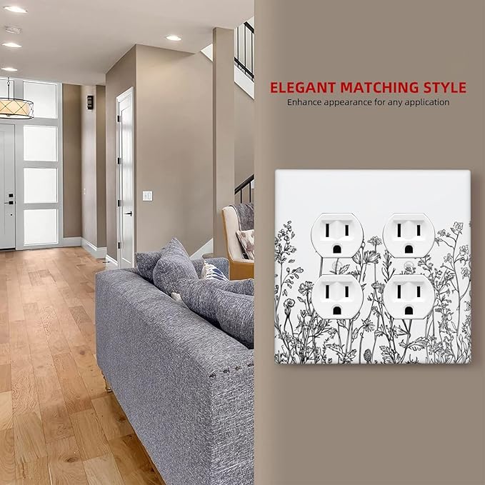 Outlet Covers Floral Wildflower Rustic Plant Leaves 2 Gang Double Duplex Decorative Light Switch Covers Electrical Wallplates Socket Faceplate For Farmhouse Cabin Decor