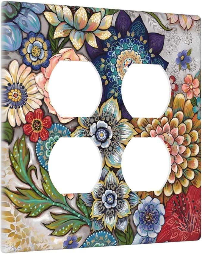 Boho Floral Colorful Floral Multi Color Flower Outlet Covers 2 Gang Double Duplex Decorative Light Switch Covers Electrical Wallplates Socket Faceplate for Bedroom Living Room Home Decor