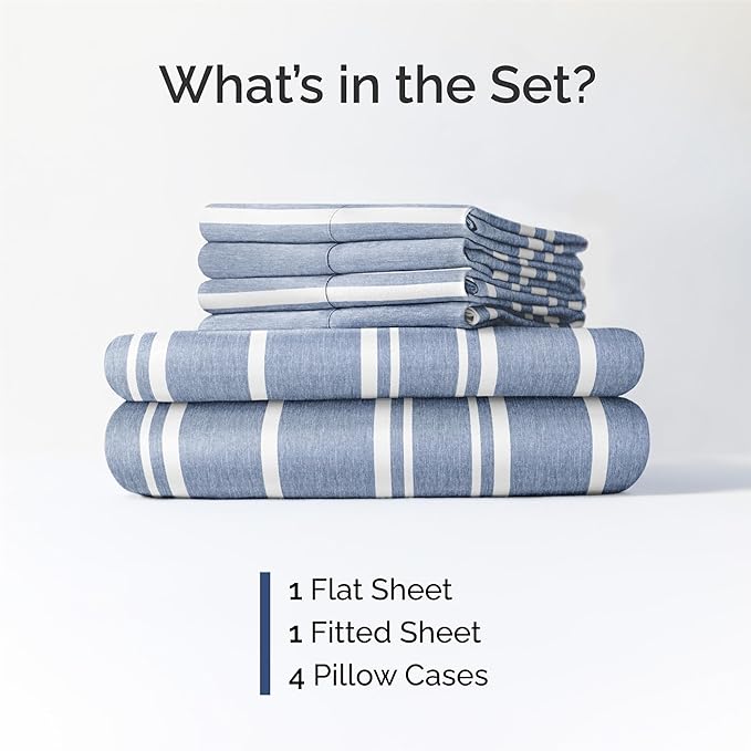 King 6 Piece Sheet Set - Cooling & Breathable Bed Sheets - Hotel Luxury Bed Sheets for Women, Men, Kids & Teens - Bedding w/Deep Pockets & Easy Fit - Soft & Wrinkle Free - King Blue Stripes Sheets