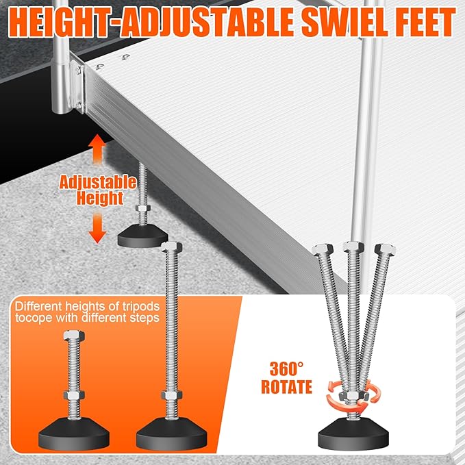 Aluminum Adjustable Threshold Ramp with Detachable Handrail for Wheelchair, 36" x 36" Doorway Ramp with 3.4"–7.2" Rise, Self-Supporting Entry Ramp for Uneven Surfaces, 880lb Capacity with Non-Slip Mat