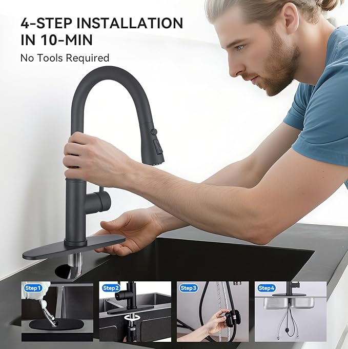 Matte Black Kitchen Faucet with Pull Down Spayer Arofa Single Handle Pull Out Kitchen Sink Faucet with Sprayer, Solid Brass Commercial Faucet for Kitchen Sink, RV, Outdoor, Laundry & Utility Room Sink