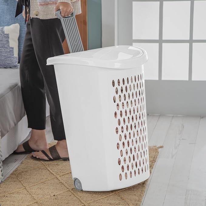 (2 Pack) Ultra Wheeled Hamper - White Plastic Laundry Hamper with Retractable Handle & Smooth Wheels, 2 Bushel Capacity for Dorms/Apartments/Family