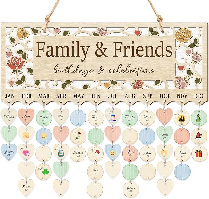 CHDITB Wooden 3D Family Friends Birthday Calendar Wall Hanging(16"x6"), Boho Flowers Botanical Birthday Celebrations Reminder Tracker with Tags, Custom DIY Mother Gifts for Grandma