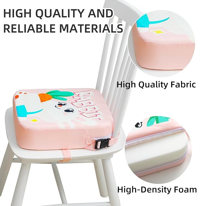 Toddler Booster Seat for Dining Table, Portable Kids Booster Seat with Safety Buckles Portable Increasing Booster Cushion with Non-Slip Bottom (Pink Rabbit)