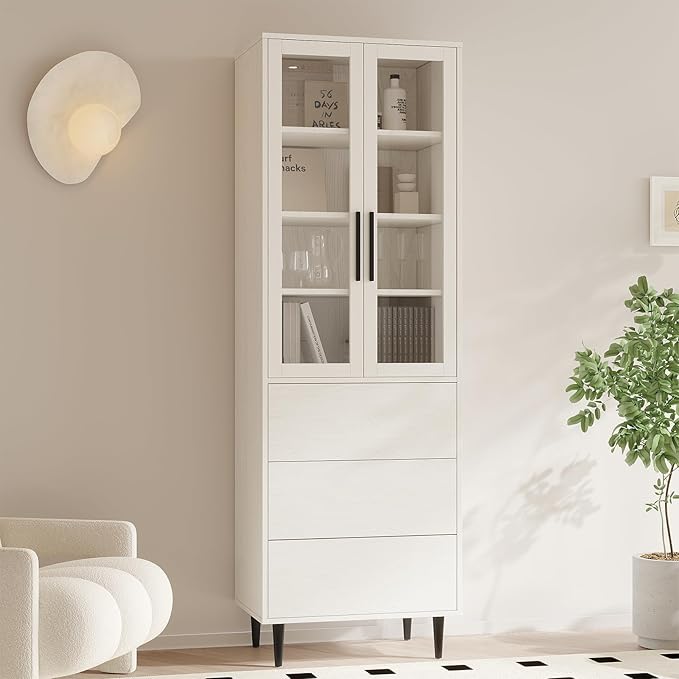 TUSY 70.9“ H Bookshelf with Glass Doors, 5-Tier Display Curio Cabinet with Drawers, Narrow Display Bookcase for Home, Office, Clinic, Pantry (White, B)