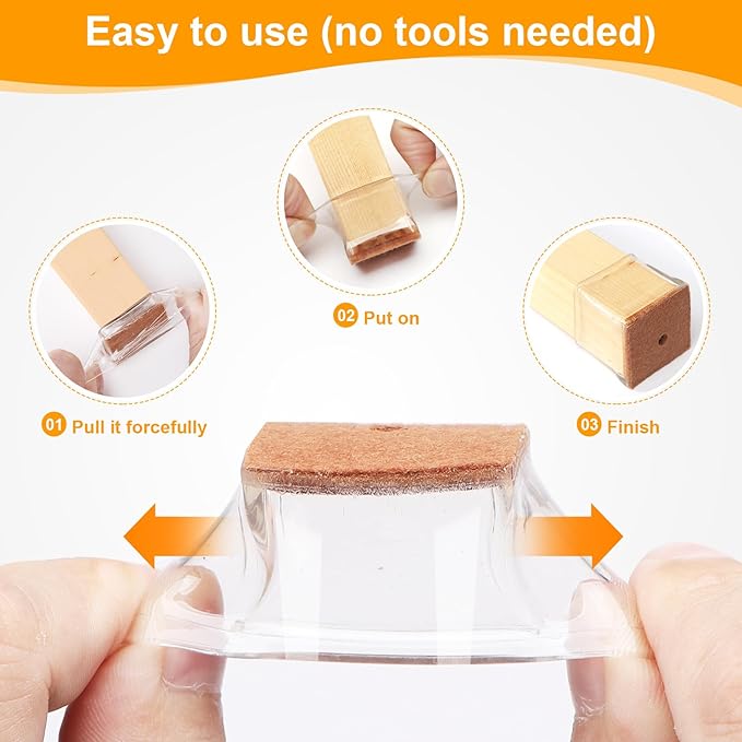 CHUNZEXI 24 Pack Square Chair Leg Floor Protectors for Hardwood Floors, Silicone Felt Covers Pads Caps, Protect Wood Furniture Feet Floors Noise Reduce and Scratch (Square Large & Clear)