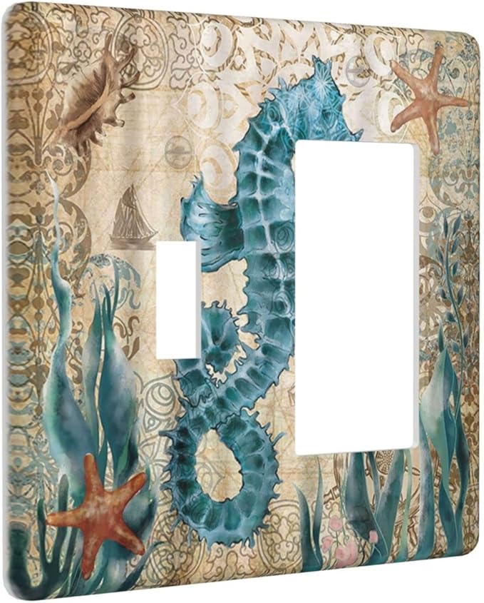 Vintage Blue Seahorse Seaweed Starfish Ocean Nautical Theme 2 Gang Light Switch Cover Decorative Combination Toggle Rocker/Decora Wall Plate Electrical Switchplate Faceplate for Farm Bathroom