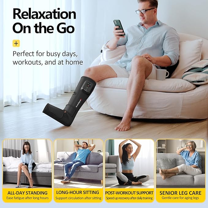 Comfytemp Air Compression Therapy Device K1011, Cordless Leg Massager for Circulation and Pain Relief, Portable Foot and Calf Massage Boot, Christmas Gift for Dad Men Mom Women Seniors (1 Pack)