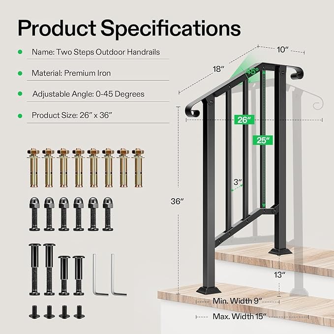 VIVOSUN Outdoor Handrail, 2 Step Stair Handrail, 26" x 36" Fits 1 to 2 Steps, Wrought Mattle Iron Stair Railing with Curved Ends and Balusters for Concrete Steps, Porch Steps, One-step Assembly, Black