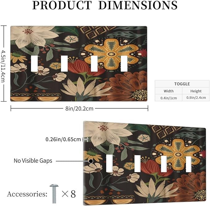 Boho Floral Tropical Leaves Quad Toggle Artistic Light Switch Covers Decorative Bohemian Flowers Botanical 4 Gang Wall Plates Cover 4 Hole Electrical Device Switchplates for Country Bathroom