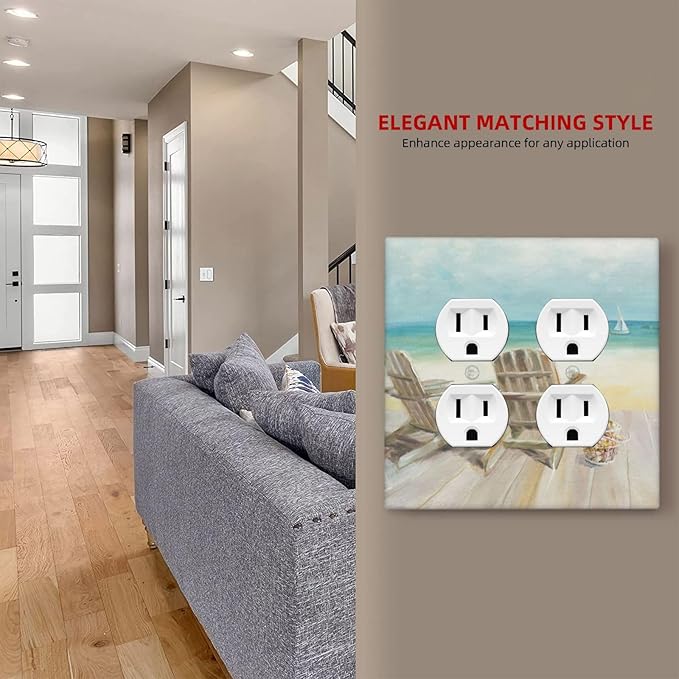 Decorative Light Switch Cover Plate Beach Chair Seascape Blue Ocean Modern Coastal 2 Gang Socket Covers Double Duplex Wallplates Switch Plates and Outlet Covers for Bathroom Home Decor