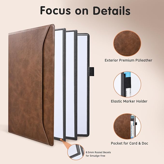 CoBak 6 Sides Portable White Board 12x9 inch (A4) - Notebook Design Dry Erase Small Board with Pocket and 3 Markers, Anti-Ghosting Surface for Office, School, Homeschool with Gift Box (Brown)