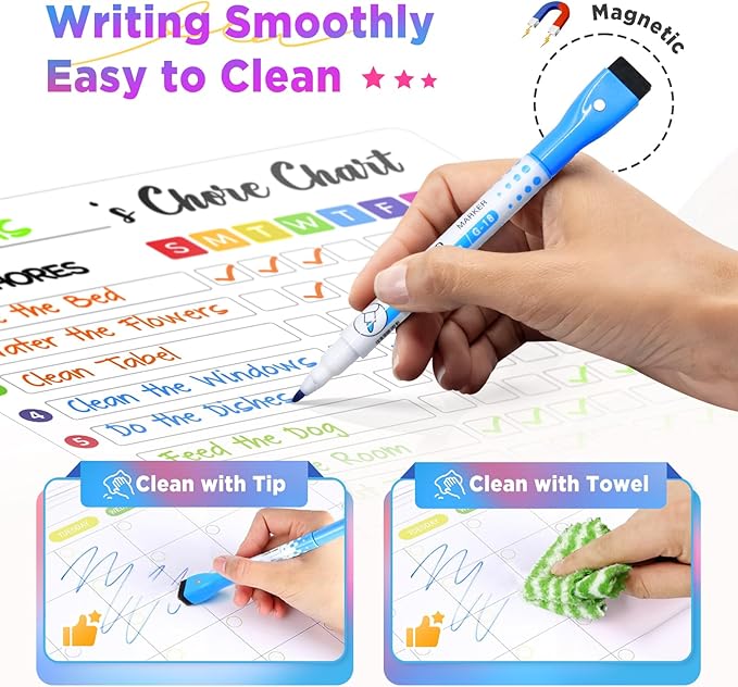Magnetic Chore Chart for Kids with 8 Markers,3 Pack 8"x12" Chore Chart for Kids Multiple Kids, Behavior Chart for Kids at Home, Responsibility Chart for Kids/Teens/Adults, White Chore Board