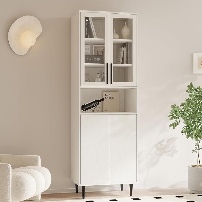 TUSY 70.9“ H Bookshelf with Glass Doors, 5-Tier Display Curio Cabinet with Drawers, Narrow Display Bookcase for Home, Office, Clinic, Pantry (White, A)