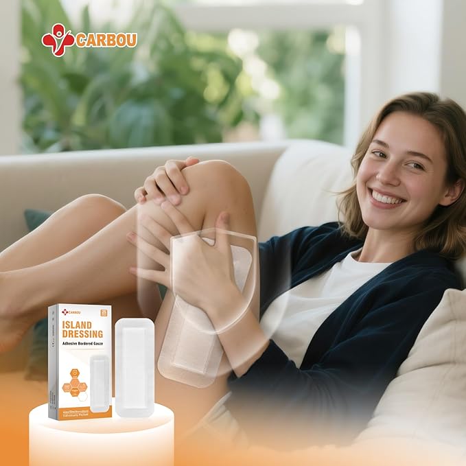 Carbou Island Dressing Bordered Gauze 4"x10" - 25 Sterile Individually Wrapped Pads | Non-Stick Center with Water-Resistant Adhesive Border | Medical Grade Non-Woven Backing for Wound Care & First Aid