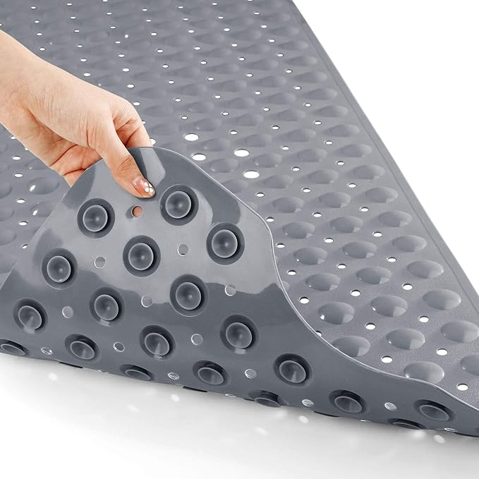 Yimobra 2-Pack Non Slip Bathtub Mat 40 x 16 Inch, Extra Long Shower Mat with Drain Holes, Machine Washable Baby Bath Mats, Strong Suction Cups for Bathroom Floor, Grey