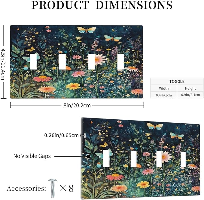 Light Switch Covers Boho Vintage Floral Flower Butterfly Quad Toggle Electrical Faceplate 4 Gang Wall Plate Decorative Switch Plates for Bedroom Home Decor