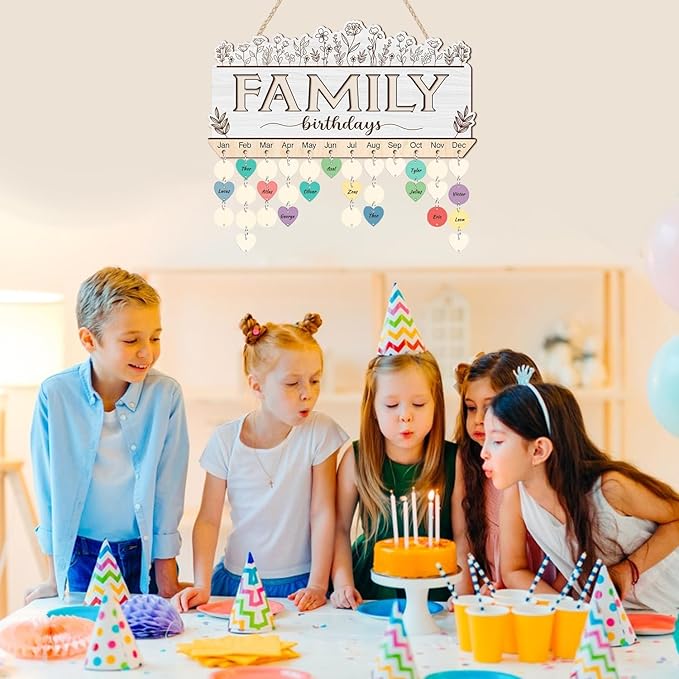 KAlRNE Family Birthday Reminder Board,Decorative Botanical Birthday Tracker Plaque,Anniversary Reminder with 100 Wood Tags,DIY Calendar Plaque Flowers Sign Gift for Family Grandma Mother Day