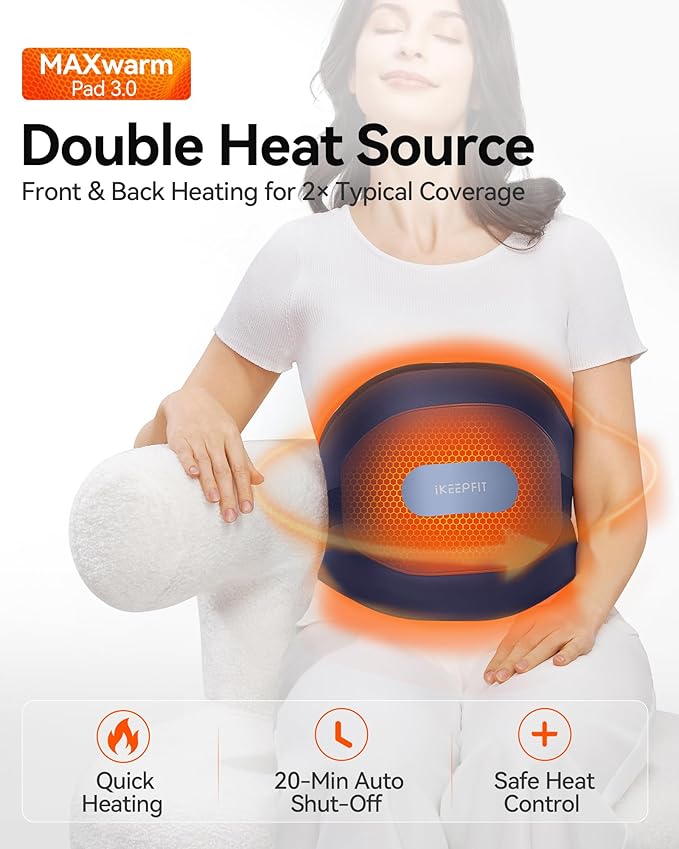 Portable Heating Pad for Back, Cordless Wearable Heat Belt with Massager for Lower Back Pain Relief, Battery Powered 8000 mAh Rechargeable, MAXwarm® 3.0, Gift for Women Men 90-310 lbs