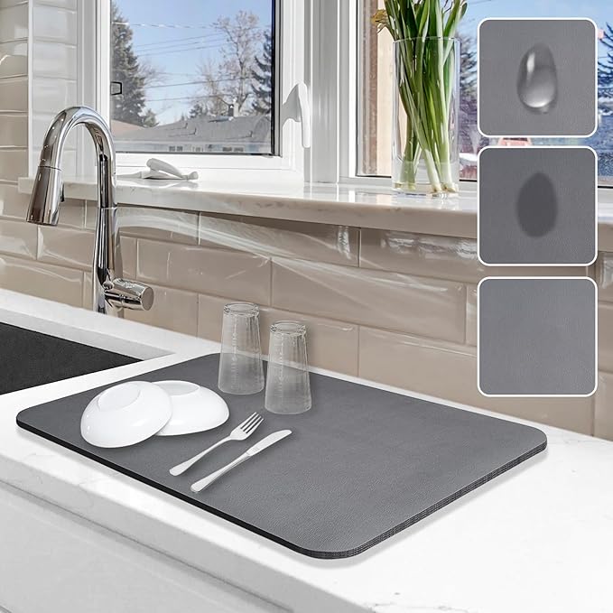 Dish Drying Mat for Kitchen Counter, 12"x19" Dish Drying Pad with Non-slip Rubber Backed, Hide Stain Anti Absorbent for Kitchen Counter, Drying Mat for Coffee Machine Dish Rack (Grey)