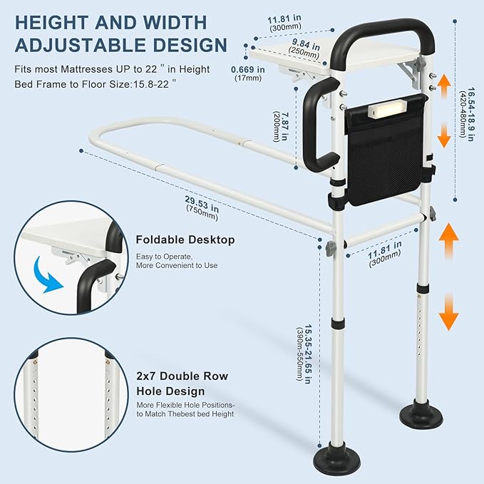 Bed Rail for Elderly Adults Safety,Bed Rails with Foldable Table Board,Storage Pocket,Sensor Light,Height Adjustable Bedside Assist Rail with Non-Slip Ergonomic Handle&Reinforced Support Bar