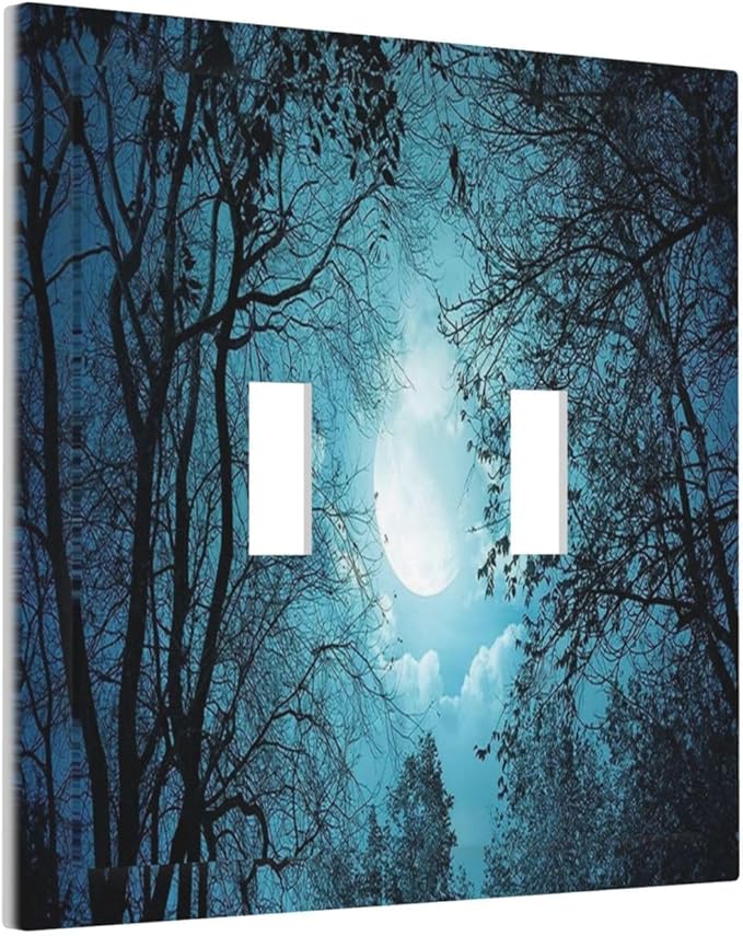 Light Switch Cover Teal Full Moon Forest 2 Gang Wall Plate Double Light Switch Plate Turquoise Toggle Decorative Outlet Covers Electrical Switchplate for Bathroom Bedroom Decor