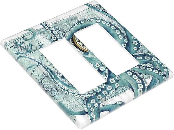 Outlet Covers Vintage Nautical Octopus Eyes Funny Ocean Kraken Double Rocker/Decora Light Switch Covers Decorative 2 Gang Wall Plate Compass Pirate Map Gfci Electrical Switchplate for Bathroom