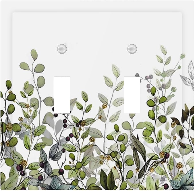 Watercolor Green Eucalyptus Leaves Plants Fruit Decorative Switch Plates 2 Gang Double Toggle Outlet Light Switch Cover Wall Plate Electrical Faceplate for Bed Room Living Room Decor
