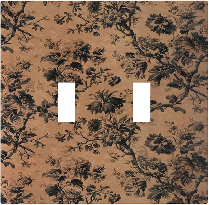 Decorative Light Switch Cover Plate Vintage Floral Botanical Brown Background 2 Gang Switch Plate Covers Double Toggle Wall Plate Dual Device Faceplate for Bathroom Bedroom Decor