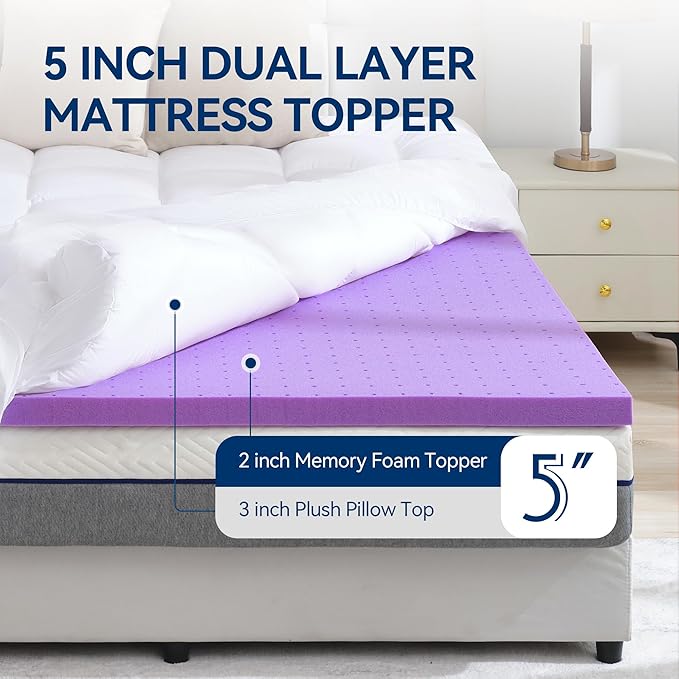 BDEUS Dual Layer 5 Inch Memory Foam Mattress Topper Full Size, 2 Inch Gel Memory Foam Plus 3 Inch 1450 GSM Down Alternative Quilted Pillow Top Mattress Pad Cover,White