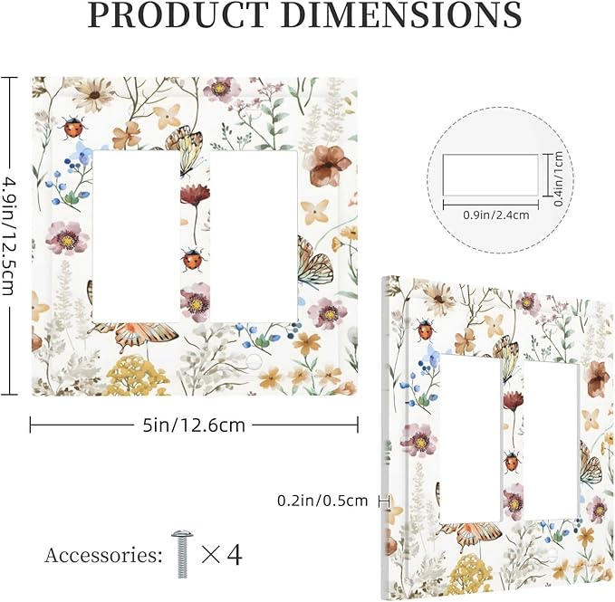 Boho Multicolor Flower Butterfly Insect Floral Decorative Outlet Covers 2 Gang Double GFCI Rocker Electrical Wall Panels Light Switch Cover Plate for Bedroom Living Room Decor