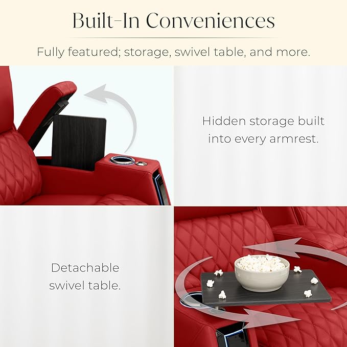 Seatcraft Apex Zero-Gravity CoolZero Italian Leather Home Theater Seating, Powered Headrest, Powered Lumbar, Powered Recline, Row of 3 Right Loveseat, Red