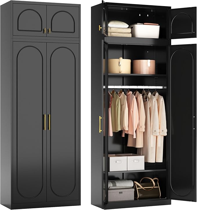 Metal Armoire Wardrobe Closet, 86 Inch Tall Freestanding Wardrobe Cabinet with Hanging Rod, Bedroom Armoires with Doors, 18" D x 32" W x 86" H, Black, Assemble Required, Shipped in Two Packages