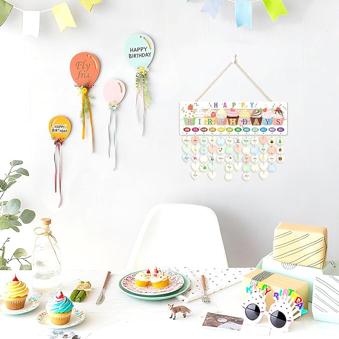 CHDITB 3D Classroom Birthday Chart Wall Hanging(16"x5"), Wooden Family Calendar Reminder for Classroom Students Kids, Cute Cupcake Theme Birthday Board Tracker with 100 Round Heart Tags